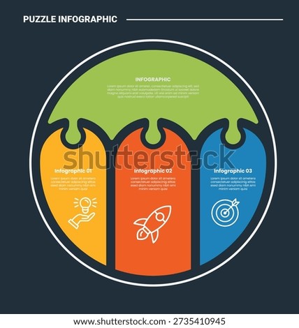 puzzle or jigsaw infographic process diagram with big circle and round rectangle lined up inside with dark background bright outline style 3 points vector