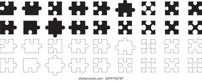 Quebra-cabeça em fundo branco. Modelo de peça de quebra-cabeça de ilustração de vetor com contorno, padrão em branco	