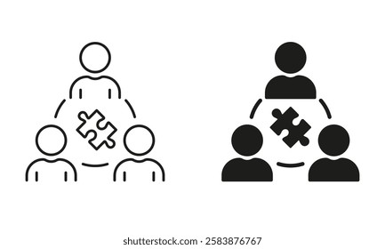 Puzzle Jigsaw and Partnership Success Line and Silhouette Icon Set. Unity, Team Building Pictogram. Business Community. Collaboration and Teamwork Icon. Editable Stroke. Isolated Vector Illustration.