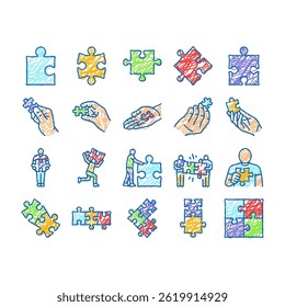 puzzle jigsaw piece, business doodle icons set vector. shape part, idea connection, solution teamwork, game, design, match element puzzle jigsaw piece, business sketch hand drawn