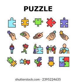 puzzle jigsaw piece, business icons set vector. shape part, idea connection, solution teamwork, game, design, match element puzzle jigsaw piece, business color line illustrations