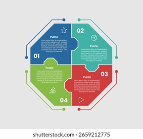 puzzle jigsaw shape base infographic diagram with octagon base shape on cycle circular direction with 4 step for slide presentation vector
