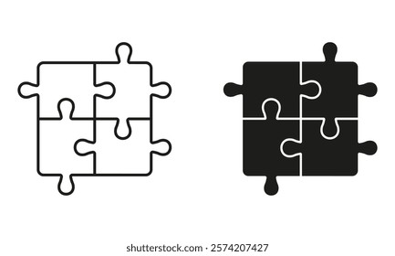 Puzzle, Jigsaw Solution Icon. Square Pieces Match, Logic Combination Pictogram. Idea, Challenge Game, Teamwork Line and Silhouette Sign. Editable Stroke. Isolated Vector Illustration.