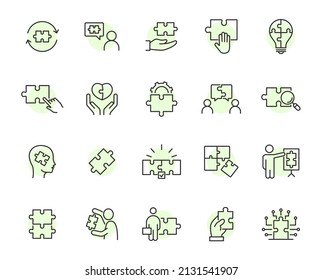 Puzzle jigsaw solution line icon. Puzzle piece vector stroke outline framework plan template