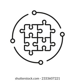 Puzzle, Jigsaw Solution Line Icon. Square Pieces Match, Logic Combination Linear Pictogram. Idea, Challenge Game, Teamwork Outline Sign. Editable Stroke. Isolated Vector Illustration.