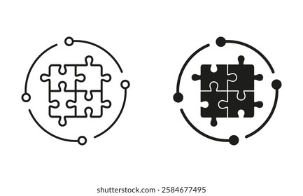 Puzzle, Jigsaw Solution Line and Silhouette Icon Set. Idea, Challenge Game, Teamwork Sign. Editable Stroke. Isolated Vector Illustration.
