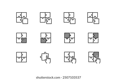 Puzzle or Jigsaw Vector Icon Set in Outline Style