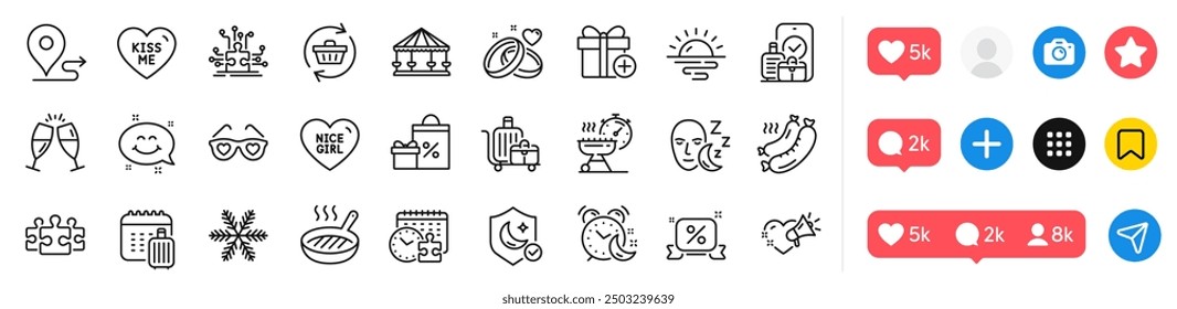 Puzzle, Journey and Add gift line icons pack. Social media icons. Love glasses, Puzzle time, Refresh cart web icon. Baggage cart, Carousels, Grilled sausage pictogram. Vector