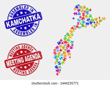 Puzzle Kamchatka map and blue Assembled seal, and Meeting Agenda distress seal stamp. Bright vector Kamchatka map mosaic of puzzle. Red round Meeting Agenda seal.