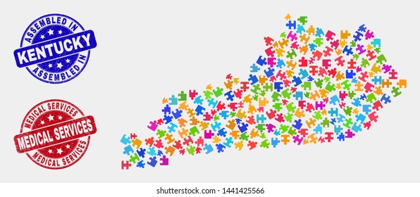 Puzzle Kentucky State map and blue Assembled seal stamp, and Medical Services grunge seal. Colored vector Kentucky State map mosaic of bundle units. Red round Medical Services seal.