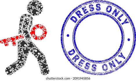 Puzzle key burglar mosaic pictogram with Dress Only stamp. Blue vector rounded scratched stamp with Dress Only message. Abstract mosaic of key burglar icon composed of puzzle parts.