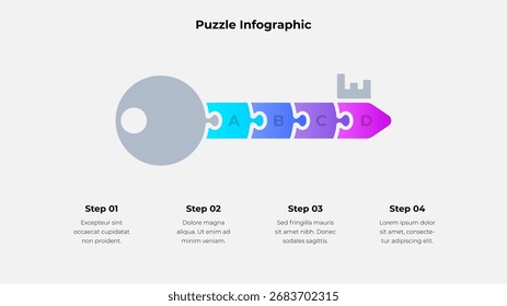 Puzzle key graphic illustrating a four step process, symbolizing progression, planning, and execution in a modern workflow. Conveys strategic, organized, and collaborative vibes