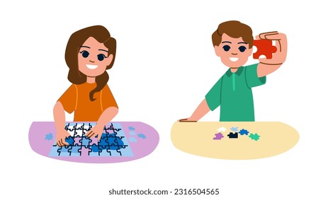 puzzle kid vector. game children, play girl, activity fun, child preschool, jigsaw s puzzle kid character. people flat cartoon illustration