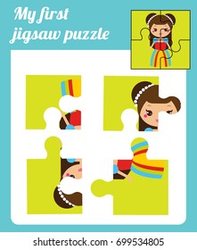 Puzzle kids activity. Complete the picture. Elementary jigsaw with cute girl princess. Educational game for pre school years children