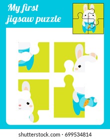 Puzzle kids activity. Complete the picture. Elementary jigsaw with cute rabbit. Educational game for pre school years children
