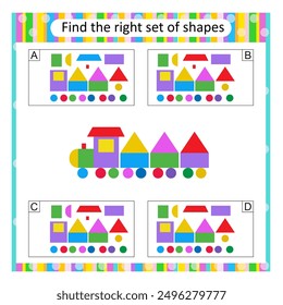 Puzzle for kids. Attention task. Find the correct set of cartoon train. Answer is B.