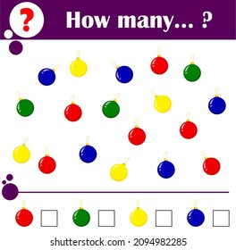 Puzzle for kids for the brain. How many. Count the Christmas balls. Cartoon vector illustration for children