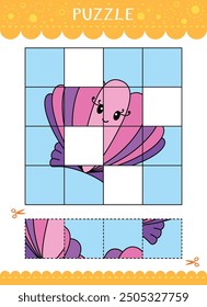 Puzzle for kids. Cut and glue. Find the missing parts of the picture. Vector worksheet of simple educational game