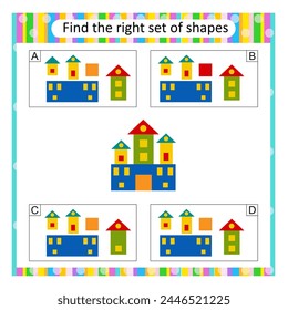 Puzzle for kids. Find the correct set of cartoon castle. Answer is D.