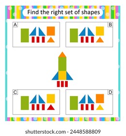 Puzzle for kids. Find the correct set of cartoon rocket ship. Answer is B