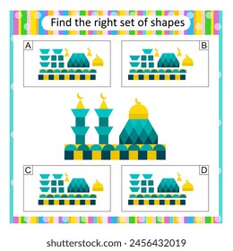 Rompecabezas para niños. Encuentra el conjunto correcto de la mezquita. Ilustración vectorial. La respuesta es A.