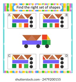 Puzzle for kids. Find the correct set of cartoon truck. Vector illustration. Answer is B.