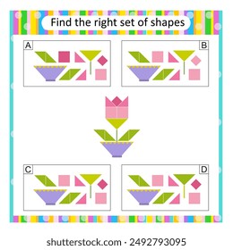 Rompecabezas para niños. Encuentra el conjunto correcto de flores de dibujos animados. La respuesta es C. 
