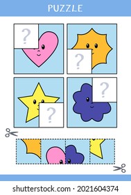 Puzzle for kids. Find the missing parts of the picture. Simple educational game. Cut and glue. Vector worksheet