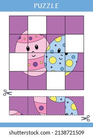 Puzzle for kids. Find the missing parts of the picture. Simple educational game. Cut and glue. Vector worksheet