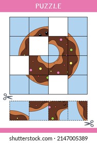 Puzzle for kids. Find the missing parts of the picture. Simple educational game. Cut and glue. Vector worksheet