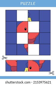 Puzzle for kids. Find the missing parts of the picture. Simple educational game. Cut and glue. Vector worksheet