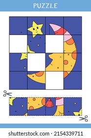 Puzzle for kids. Find the missing parts of the picture. Simple educational game. Cut and glue. Vector worksheet