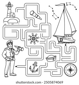 Puzzle for kids. Labyrinth. Find the captain's way to the sailboat. Coloring for kids