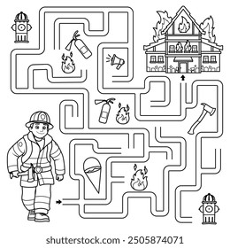 Puzzle for kids. Labyrinth. Find the fireman's way to the burning house. Coloring for kids