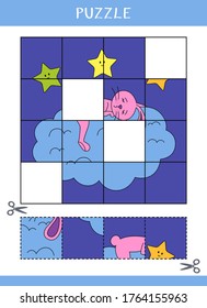 Puzzle for kids. Simple educational game. Cut and glue. Vector worksheet