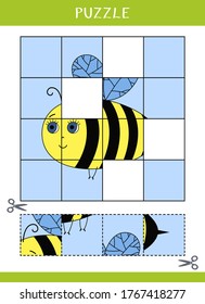 Puzzle for kids. Simple educational game. Cut and glue. Vector worksheet