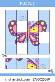Puzzle for kids. Simple educational game. Cut and glue. Vector worksheet