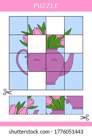 Puzzle for kids. Simple educational game. Cut and glue. Vector worksheet