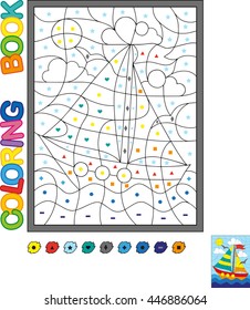 Puzzle for kids. Vector coloring book. Bright yacht under sail floats in the sea