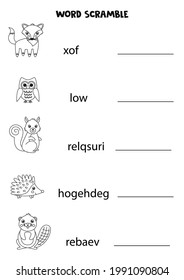 Puzzle for kids. Word scramble for children. Black and white woodland animals.