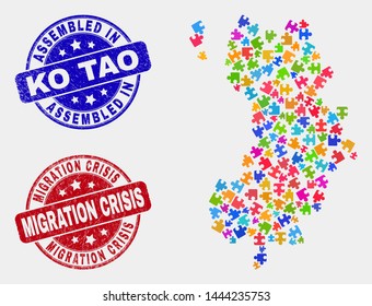 Puzzle Ko Tao map and blue Assembled seal stamp, and Migration Crisis textured seal stamp. Bright vector Ko Tao map mosaic of plugin modules. Red round Migration Crisis seal.