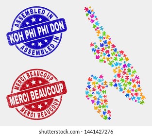 Puzzle Koh Phi Don map and blue Assembled seal, and Merci Beaucoup textured seal. Colored vector Koh Phi Don map mosaic of puzzle connectors. Red rounded Merci Beaucoup seal.