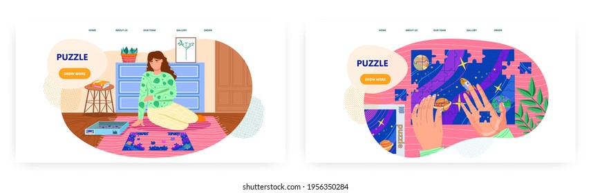 Puzzle landing page design, website banner vector template set. Woman playing board game, doing jigsaw puzzle.