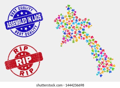 Puzzle Laos map and blue Assembled seal stamp, and RIP textured seal stamp. Colored vector Laos map mosaic of puzzle components. Red rounded RIP badge.