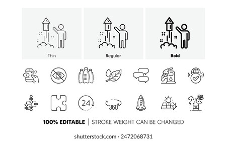 Puzzle, Leaf dew and Petrol station line icons. Pack of 360 degrees, Block diagram, Fireworks icon. Alcohol addiction, Solar panels, Verified internet pictogram. 24 hours, Talk bubble. Vector