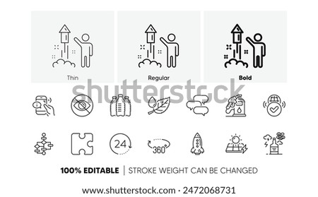 Puzzle, Leaf dew and Petrol station line icons. Pack of 360 degrees, Block diagram, Fireworks icon. Alcohol addiction, Solar panels, Verified internet pictogram. 24 hours, Talk bubble. Vector