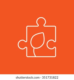 Puzzle with leaf line icon for web, mobile and infographics. Vector white icon isolated on red background.