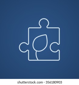 Puzzle with leaf line icon for web, mobile and infographics. Vector light blue icon isolated on blue background.
