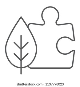 Puzzle with leaf thin line icon, ecology and energy, environmental solutions sign, vector graphics, a linear pattern on a white background, eps 10.