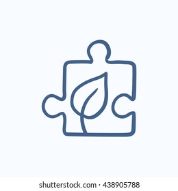 Puzzle with leaf vector sketch icon isolated on background. Hand drawn Puzzle with leaf icon. Puzzle with leaf sketch icon for infographic, website or app.